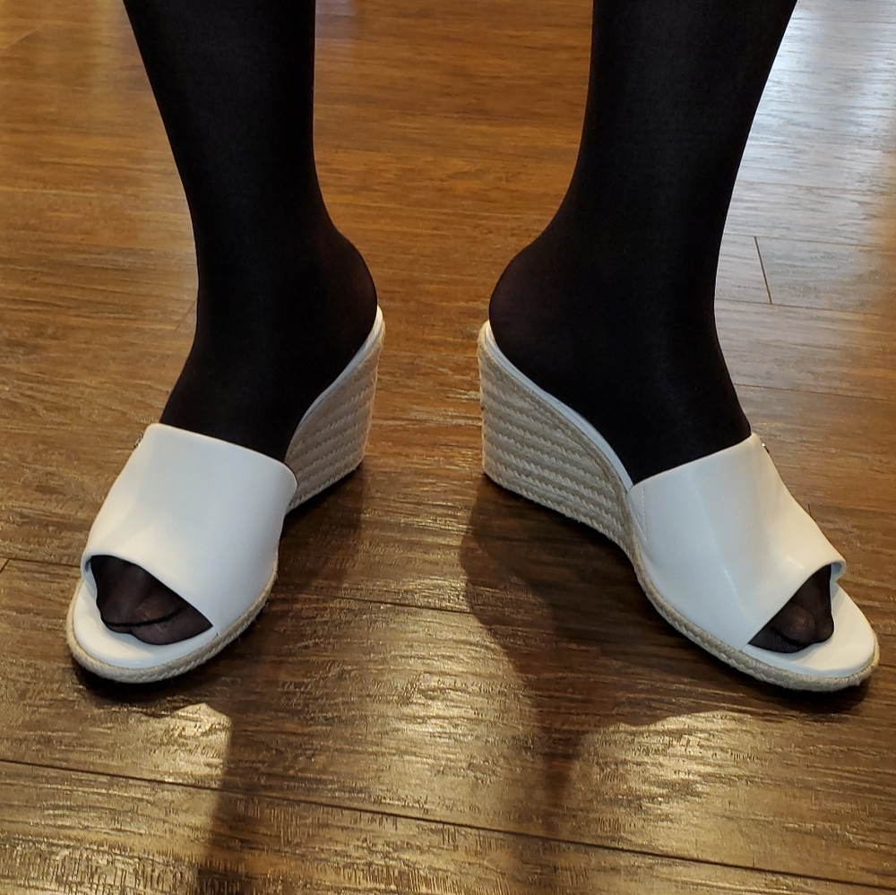 Calvin Klein White Espadrille Wedge Slide Sandals